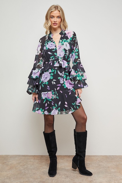 Oasis Printed Fluted Sleeve Ruffle Detail Mini Dress Black