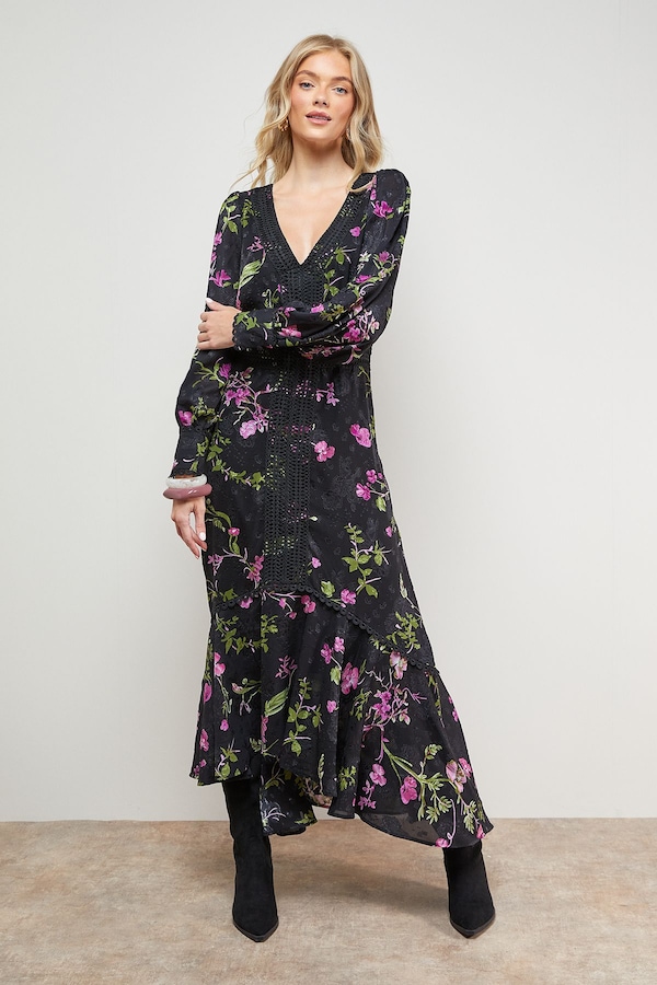 Oasis Printed Lace Trim Detail High Low Hem Midi Dress Black