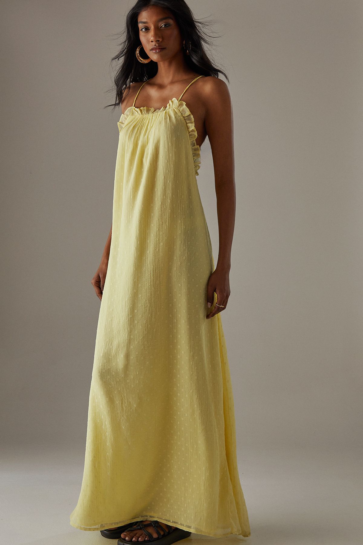 Warehouse Marble Dobby Chiffon Halter Ruffle Maxi Dress Yellow image 2
