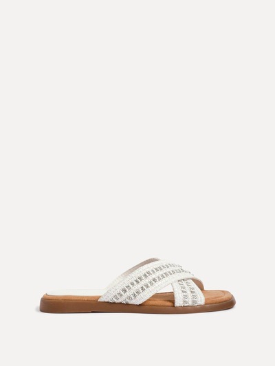 Linzi Genie White Embellished Raffia Flat Slider Sandal