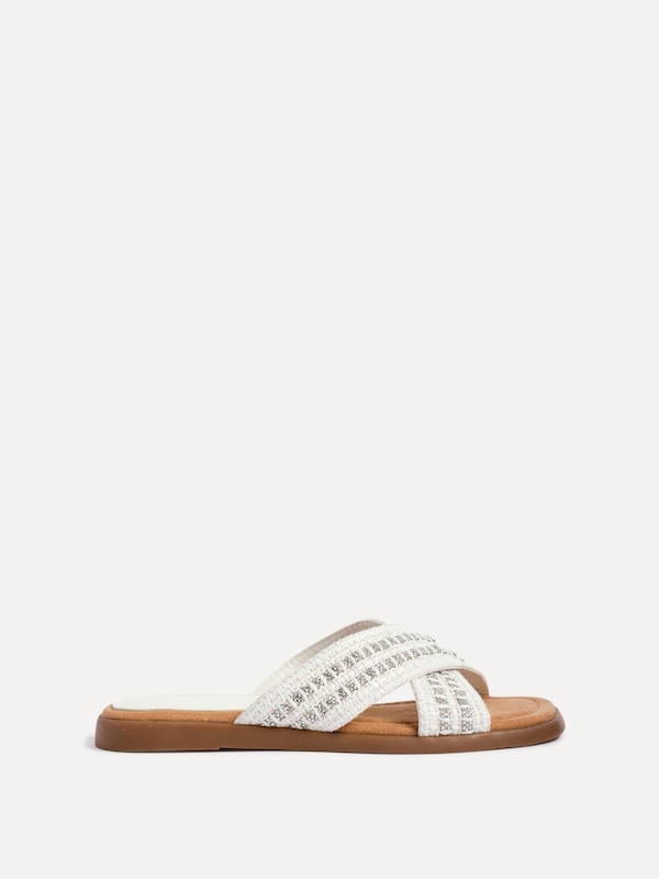 Linzi Genie White Embellished Raffia Flat Slider Sandal