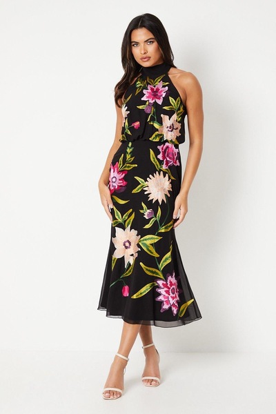 Coast High Neck Midi Dress With Floral Embroidery Black
