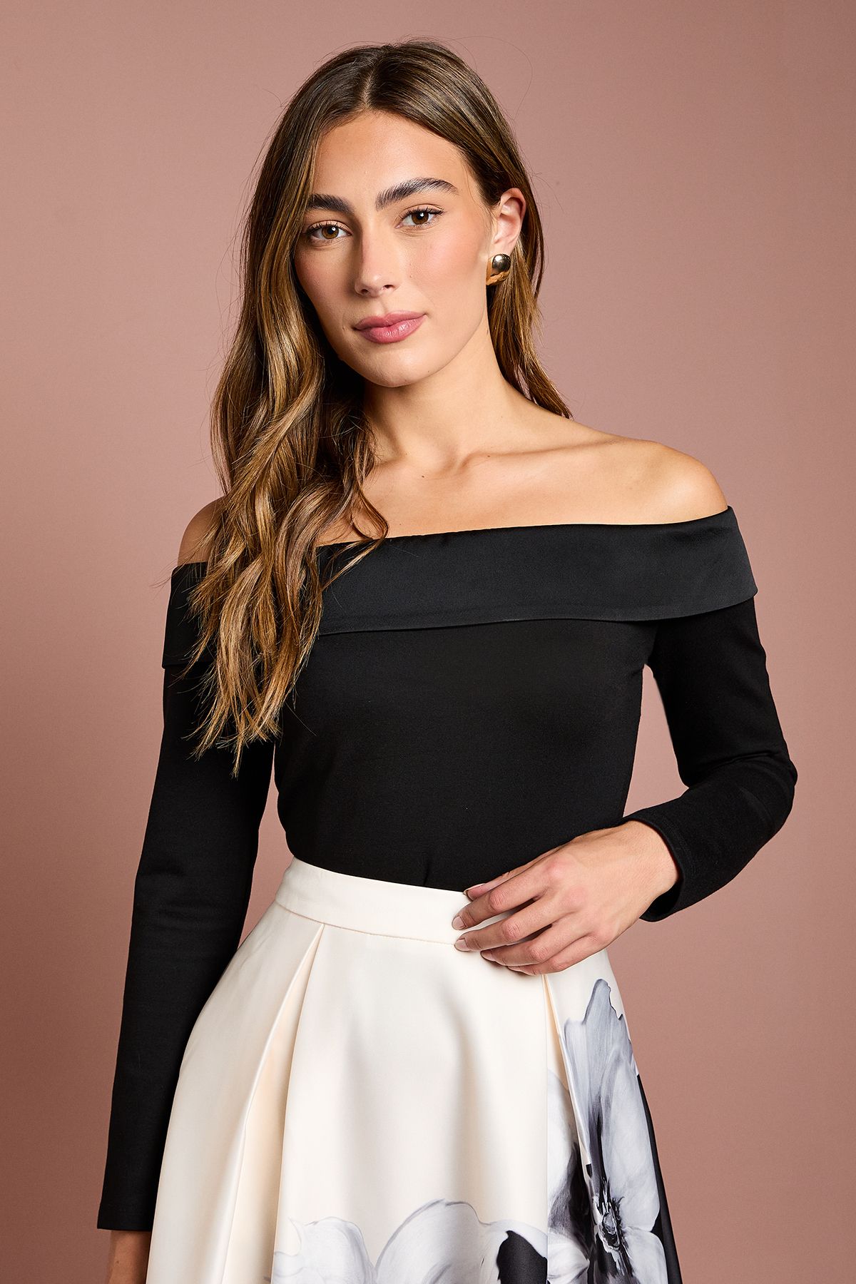 Coast Long Sleeve Satin Trim Bardot Top Black image 3