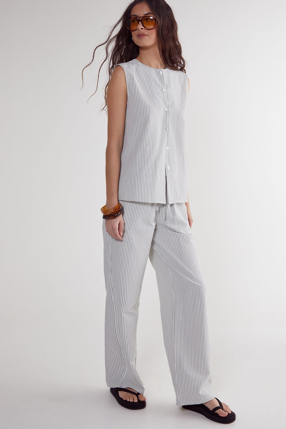 NastyGal Stripe Straight Leg Pant Ecru image 4