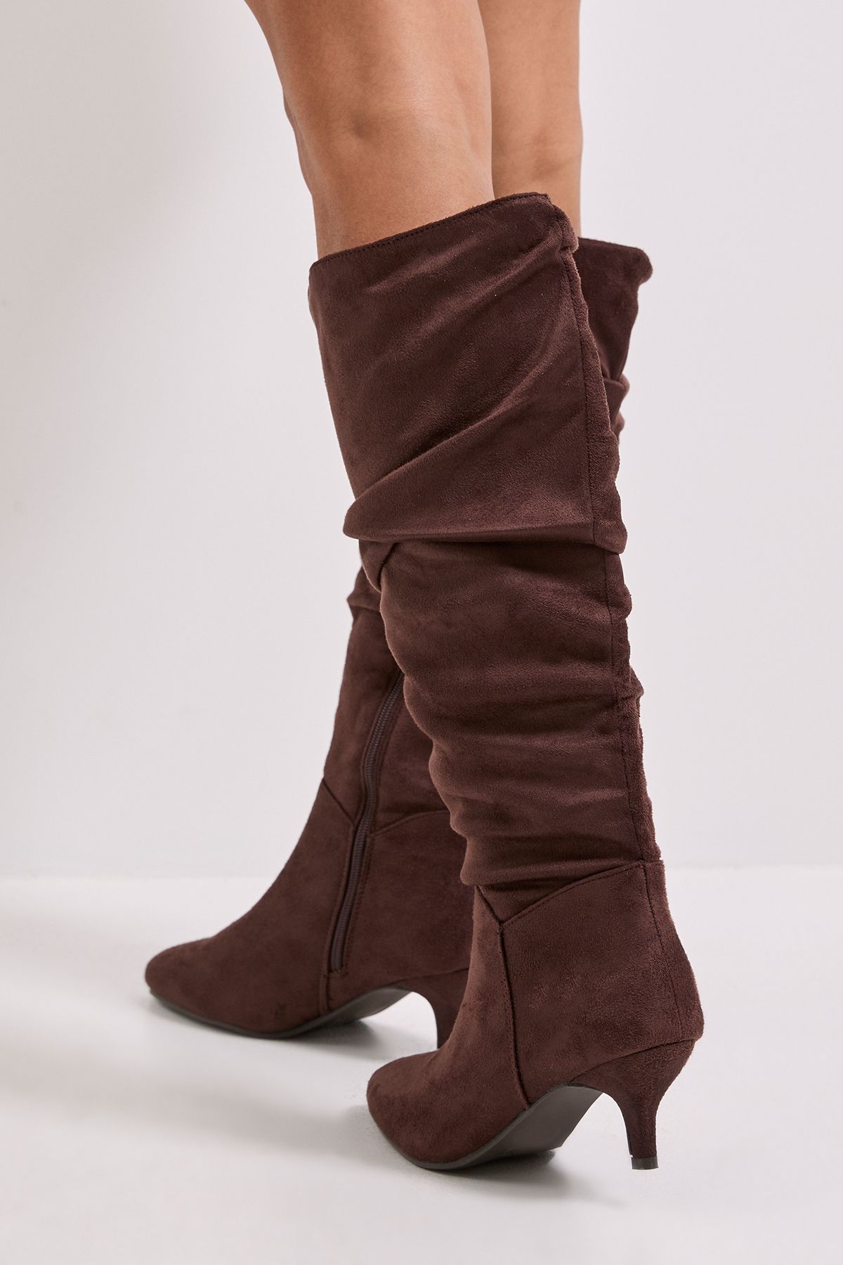 Dorothy Perkins Khloe Faux Suede Kitten Heel Knee High Ruched Boots Brown image 4