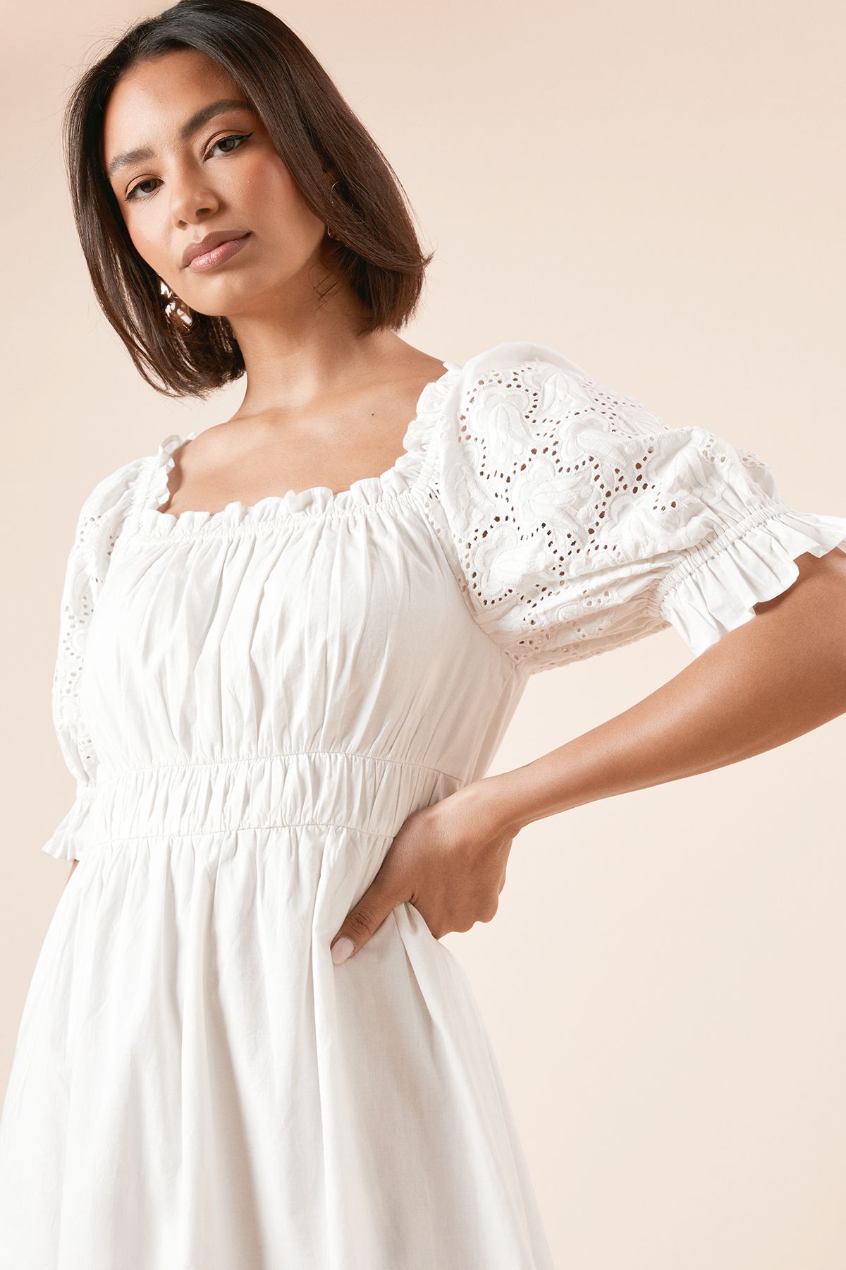 Dorothy Perkins Cut-work Sleeve Poplin Bardot Dress White image 4