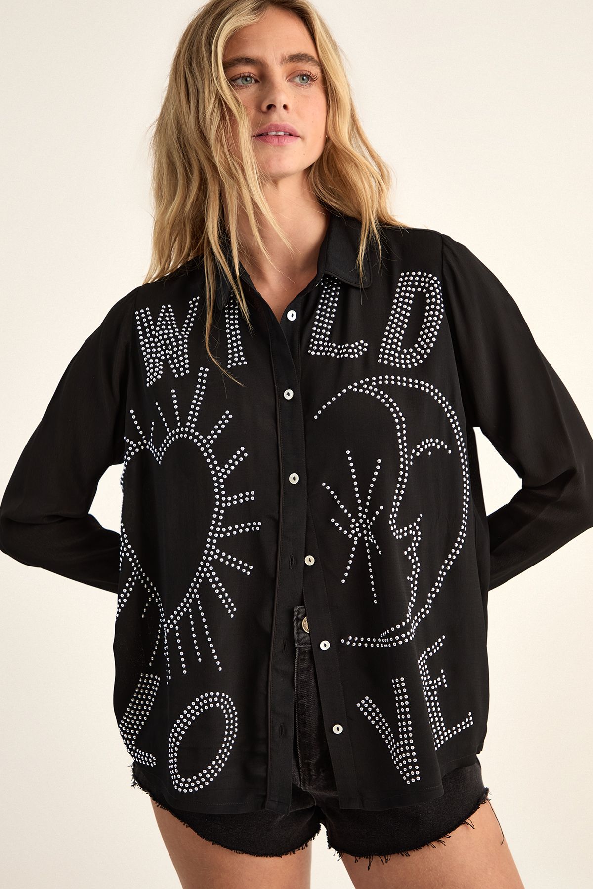 NastyGal Wild Love Studded Western Shirt Black