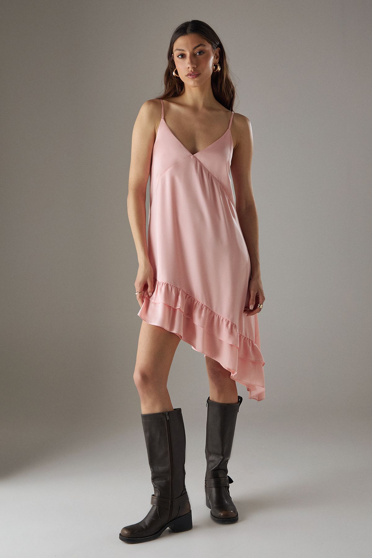 Warehouse Satin Asymmetric Ruffle Mini Strappy Dress Peach image 1