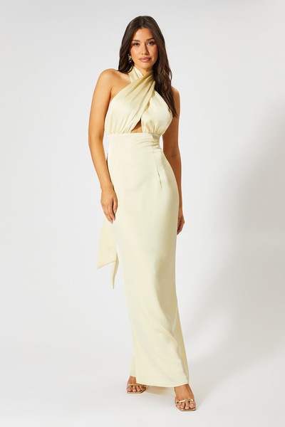 MissPap Satin Wrap Multi Way Maxi Dress Yellow