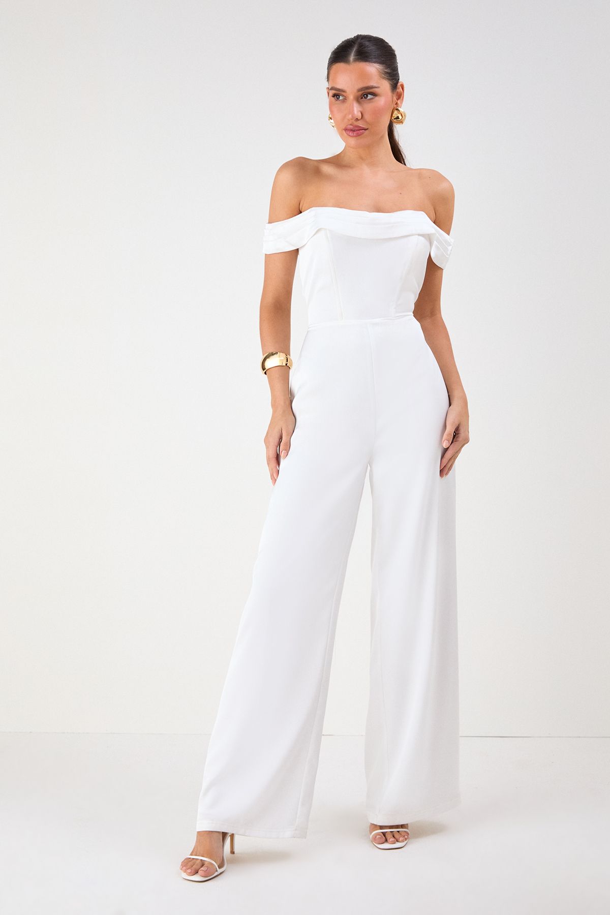 MissPap Satin Bardot Wide Leg Jumpsuit Ivory