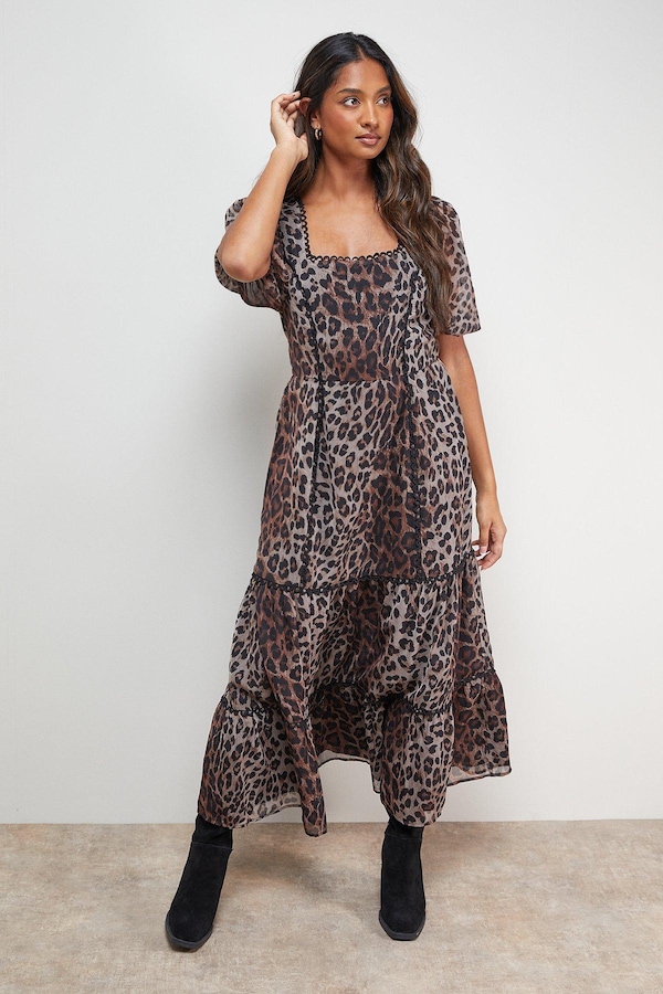 Oasis Printed Square Neck Scallop edge Puff Sleeve Midi Dress Animal