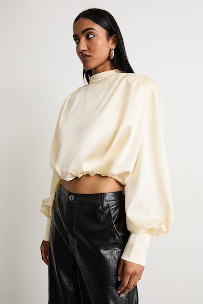Warehouse Extreme Shoulder Draped Satin Blouse Cream
