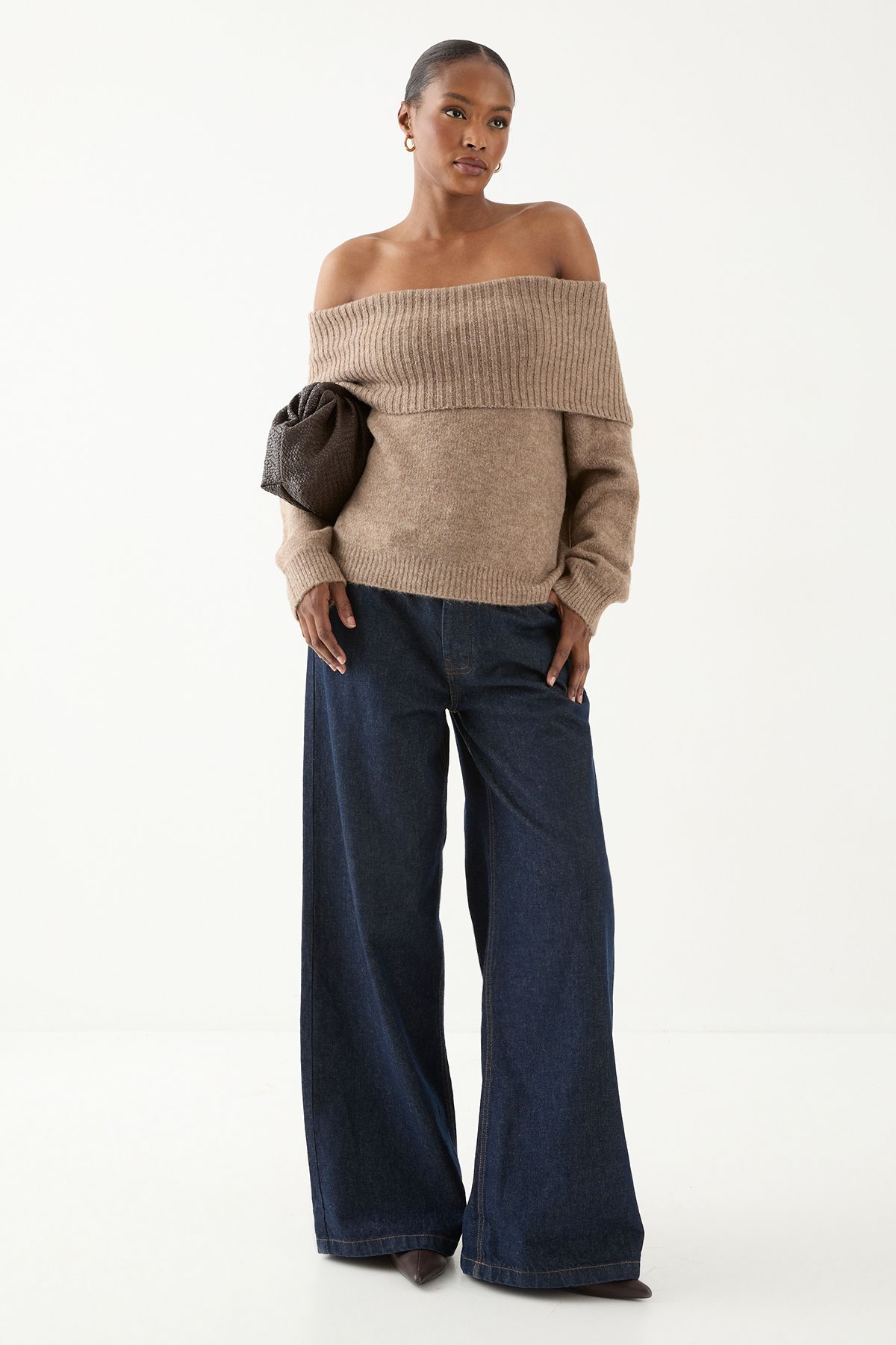 MissPap Premium Knit Bardot Foldover Jumper Mocha image 1