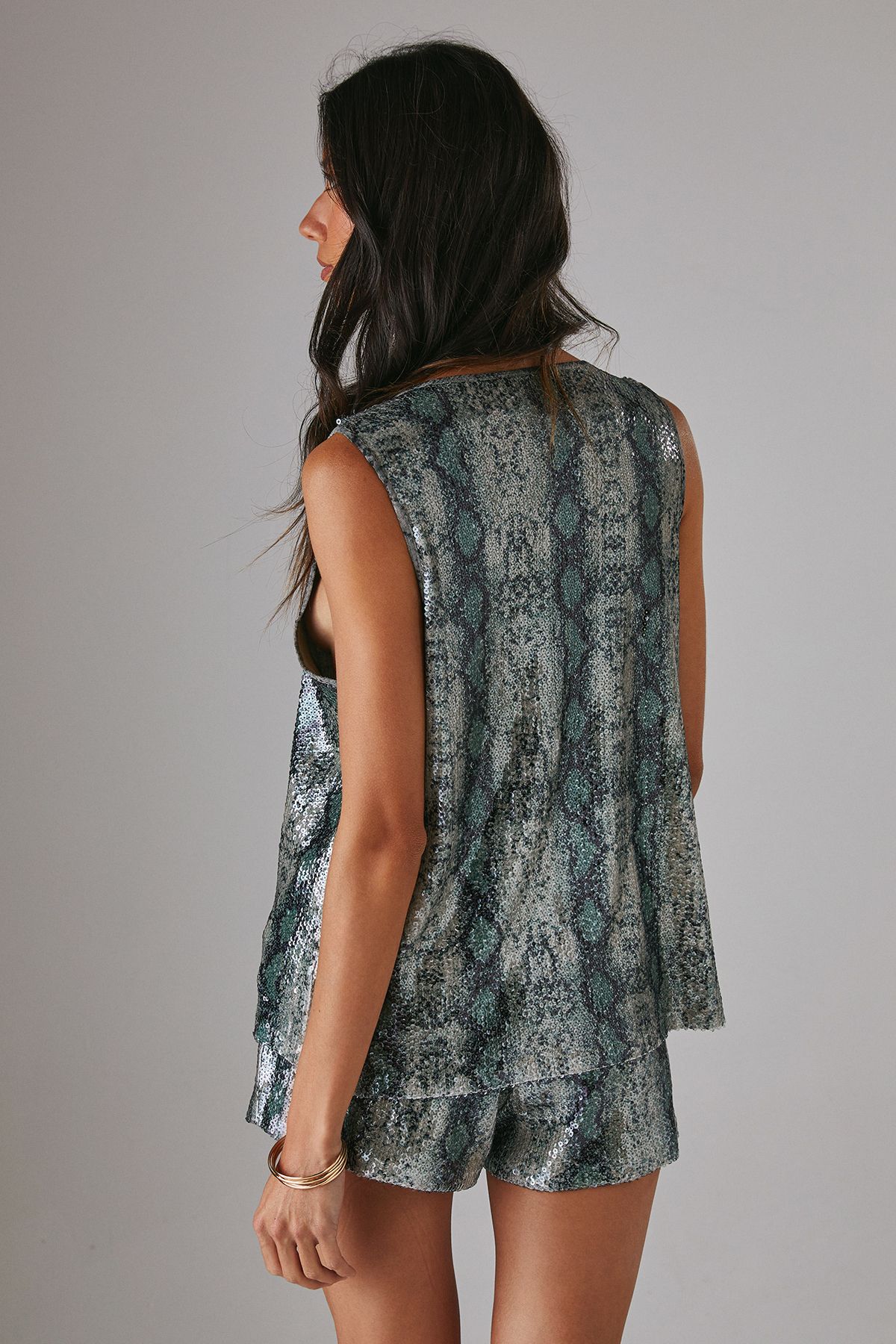 Warehouse Snake Sequin Tie Front Long Line Waistcoat Khaki image 4