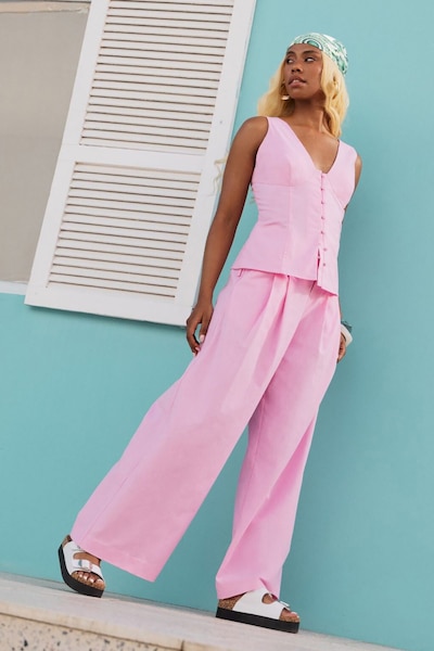 Warehouse Linen Blend Tailored Trousers Pink