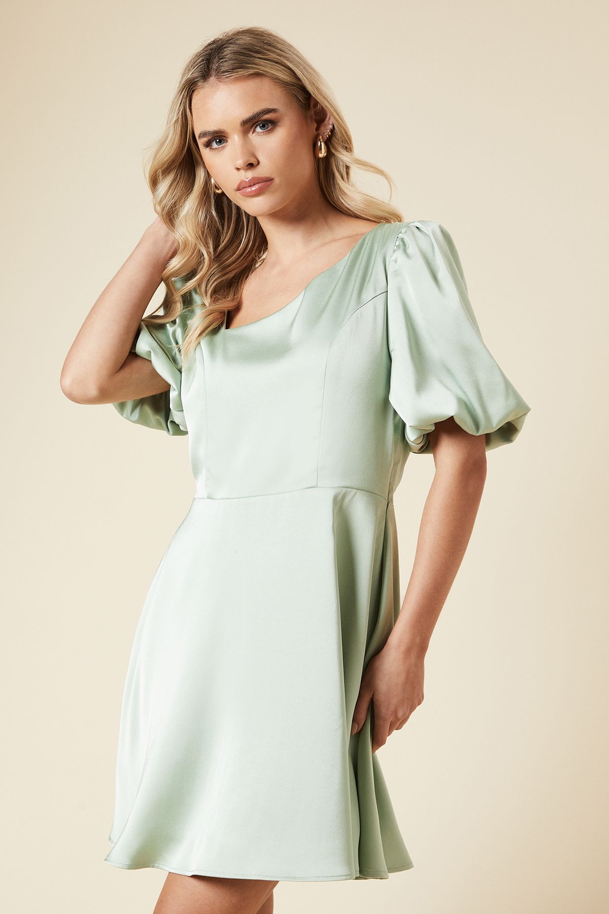 Dorothy Perkins Petite DP Luxe Square Neck Puff Sleeve Mini Dress Sage image 2