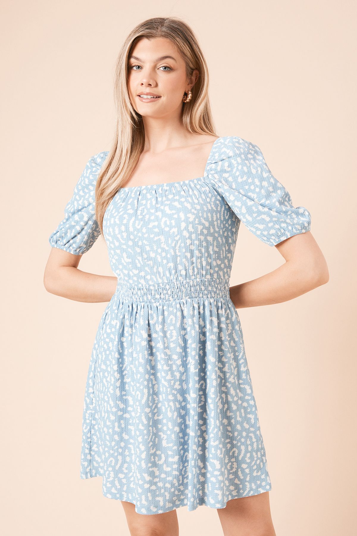 Dorothy Perkins Leopard Puff Sleeve Ruched Bust Jersey Mini Dress Blue image 2