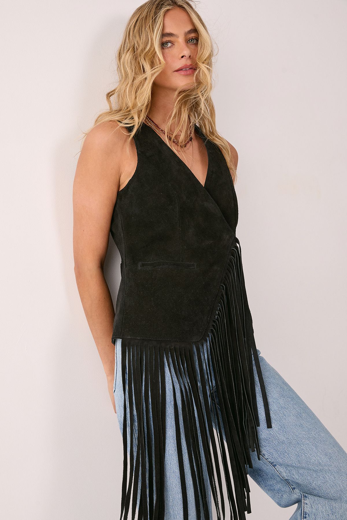 NastyGal Premium Suede Fringe Waistcoat Black image 1