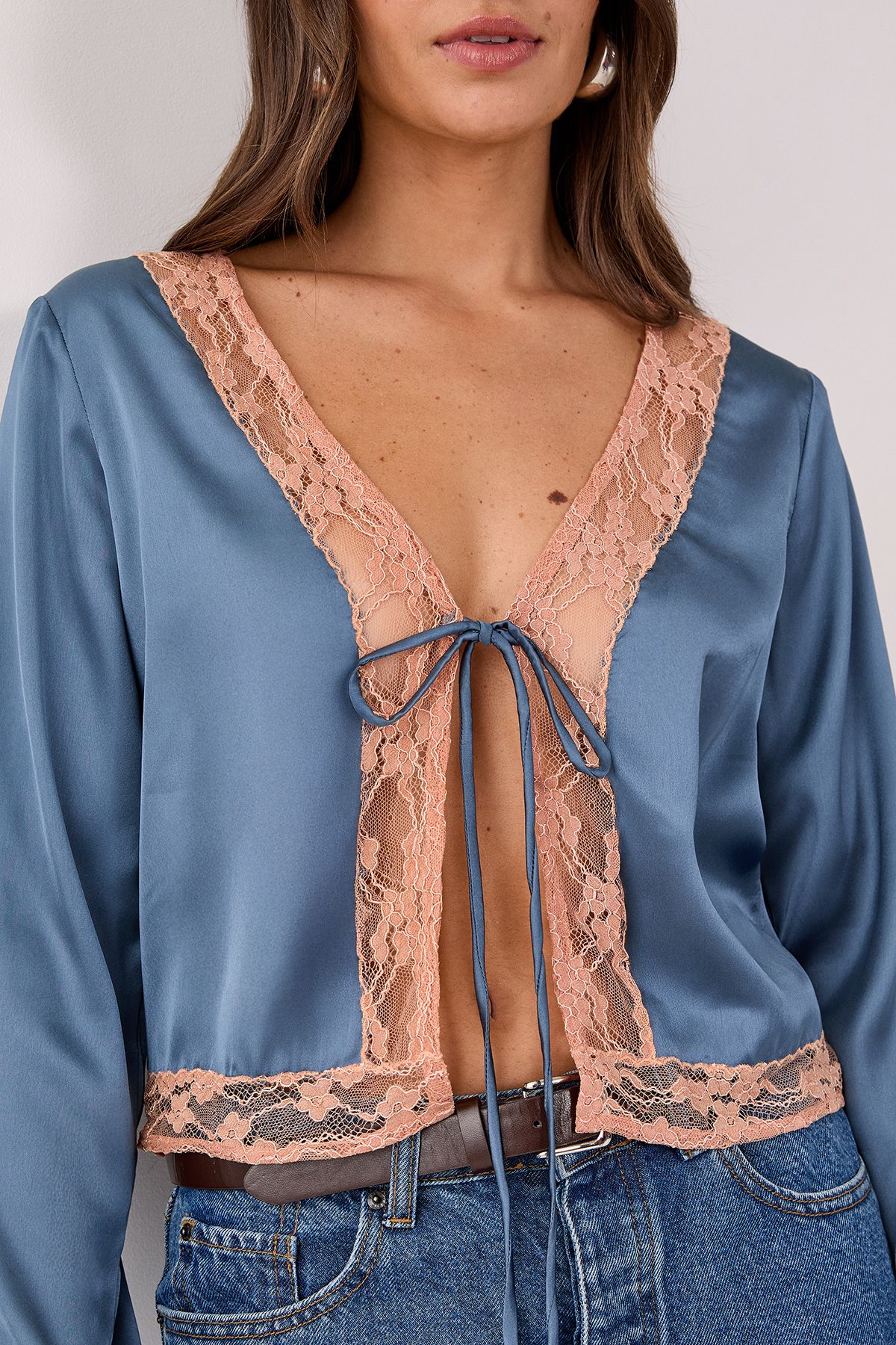 NastyGal Cutwork Lace Tie Front Long Sleeve Top Steel image 3