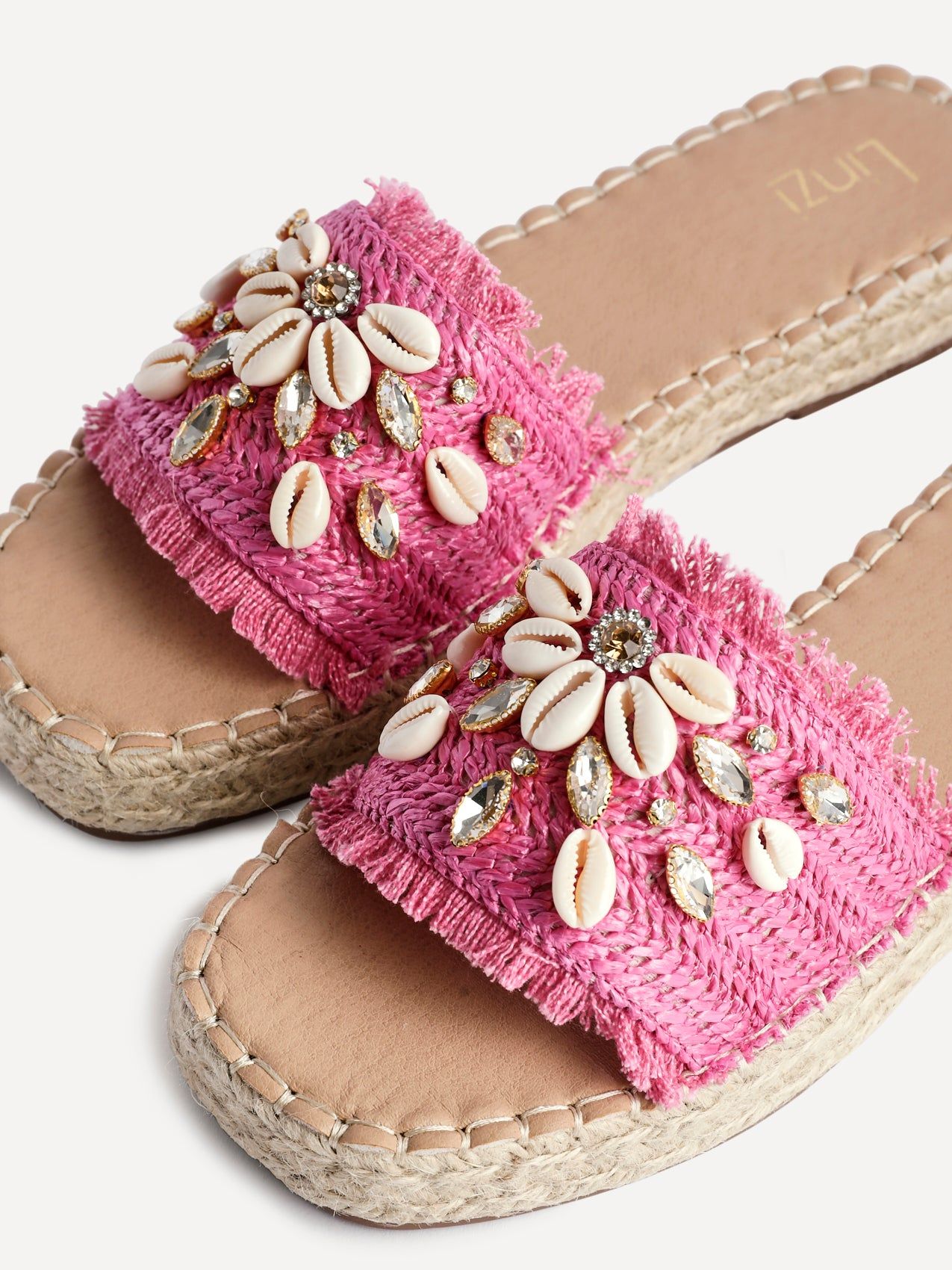 Linzi Seaside Fuchsia Raffia Shell Embellished Flat Slider image 5