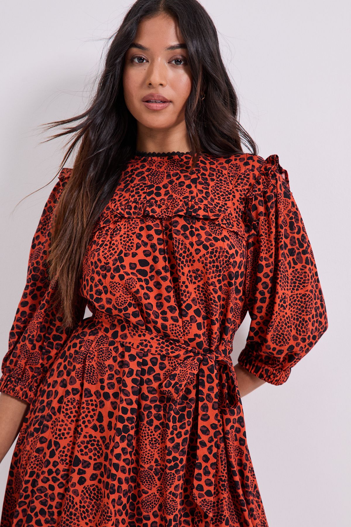 Dorothy Perkins Petite Tie Waist Yoke Frill Detail Printed Belted Mini Dresss Orange image 4