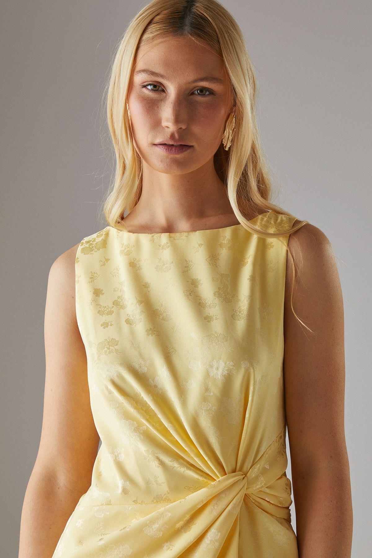 Warehouse Satin Jacquard Feather Twist Front Cowl Back Midi Dress Yellow image 4