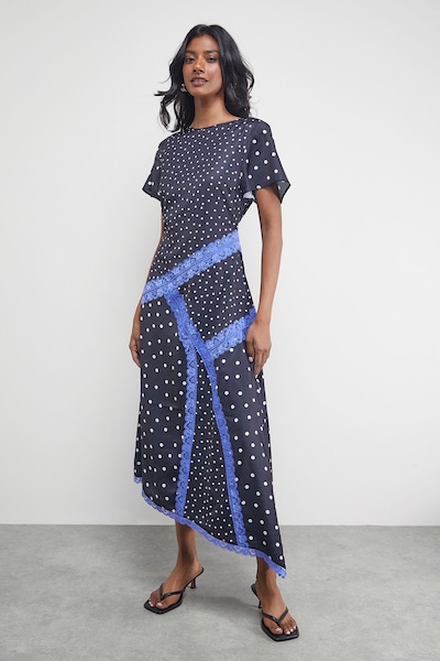 Warehouse Satin Lace Panelled Asymmetric Midi Dress Black