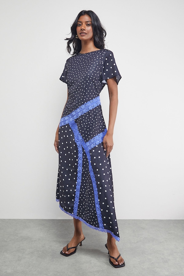 Warehouse Satin Lace Panelled Asymmetric Midi Dress Black