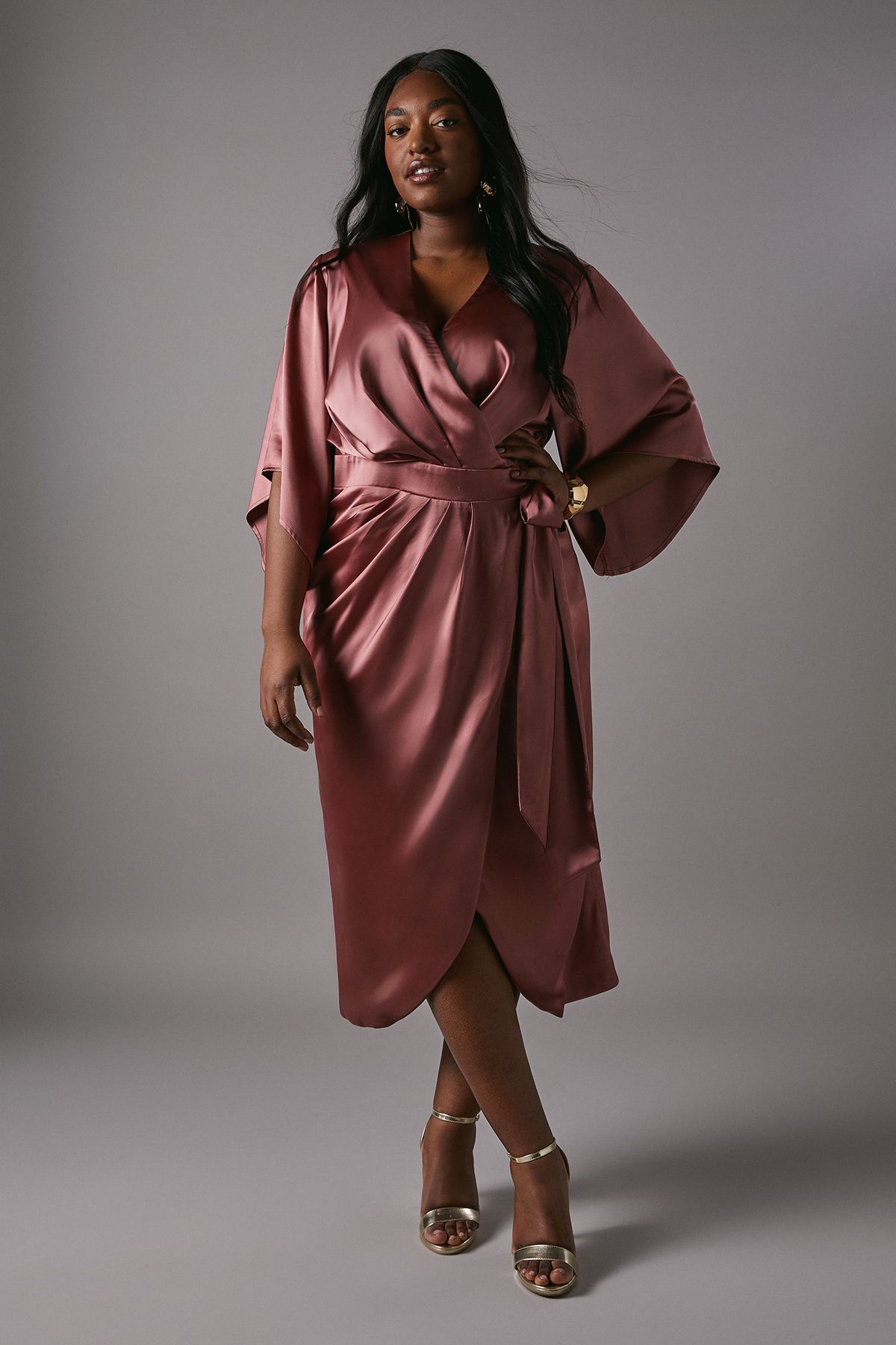 Coast Plus Satin Pleat Front Midi Wrap Dress Rose image 1