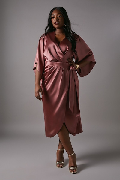 Coast Plus Satin Pleat Front Midi Wrap Dress Rose