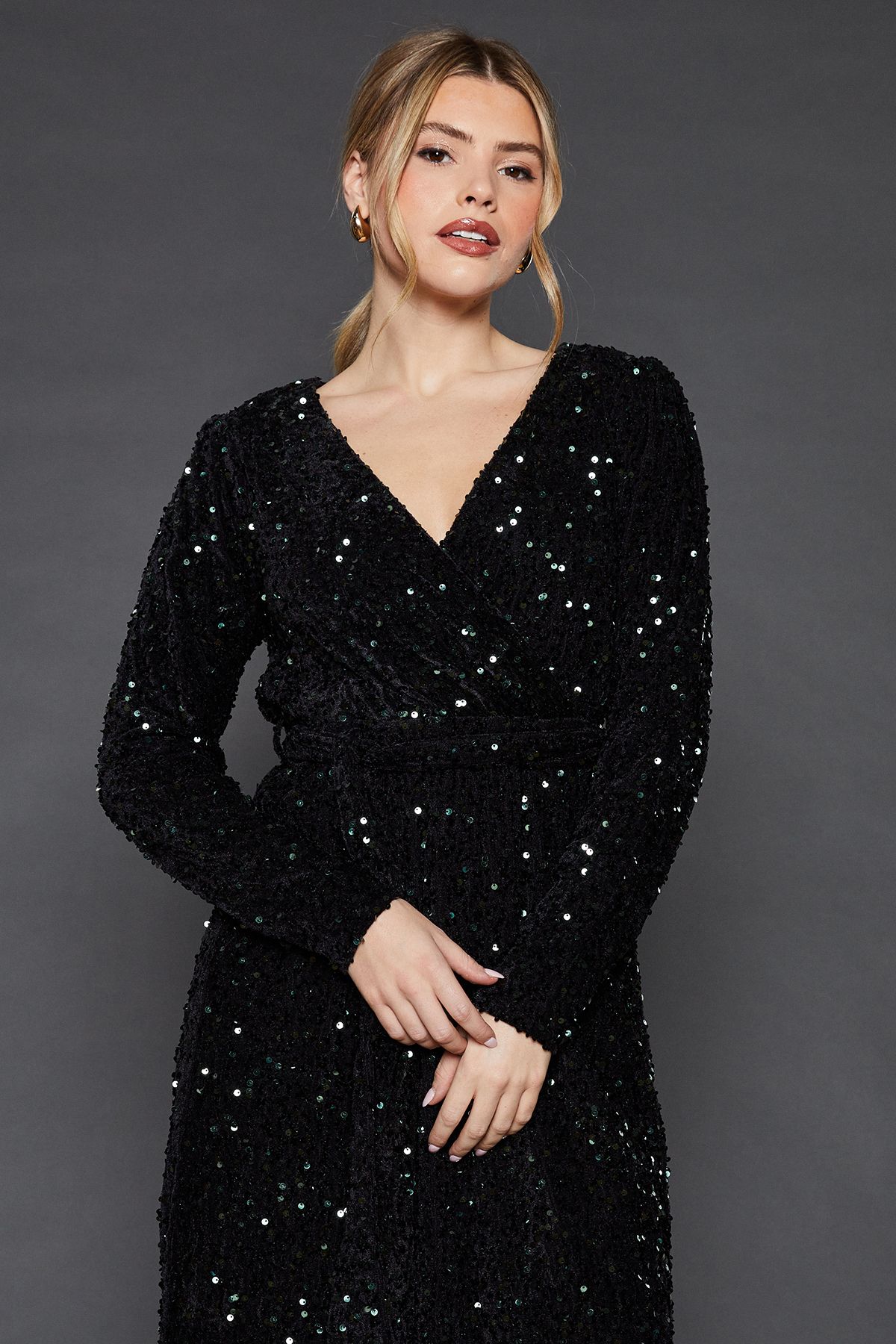 Dorothy Perkins Velvet Sequin Wrap Midi Dress Bottle Green image 4