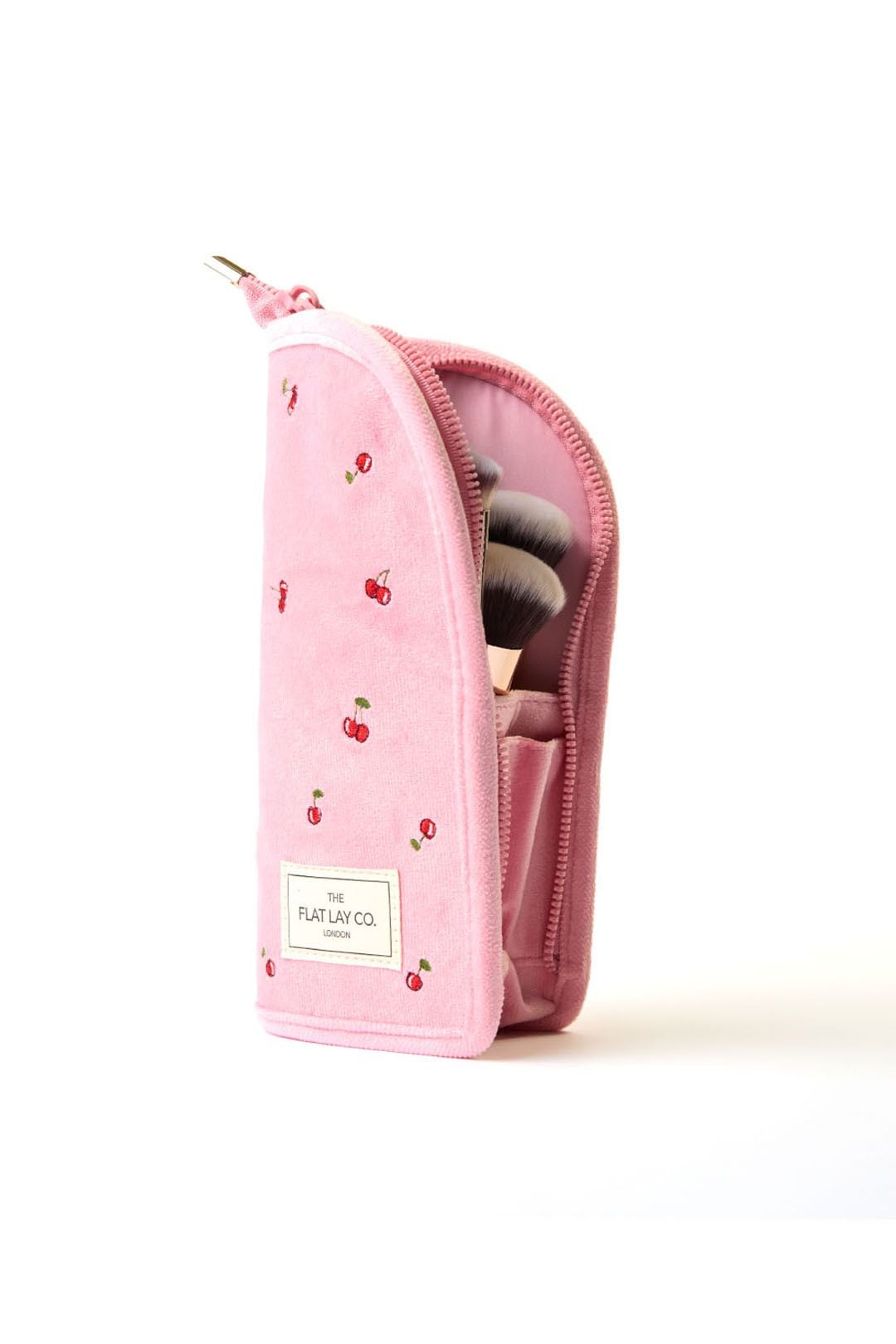 The Flat Lay Co Standing Makeup Brush Case - Ditsy Cherries Pink Embroidered Velvet Multi image 2