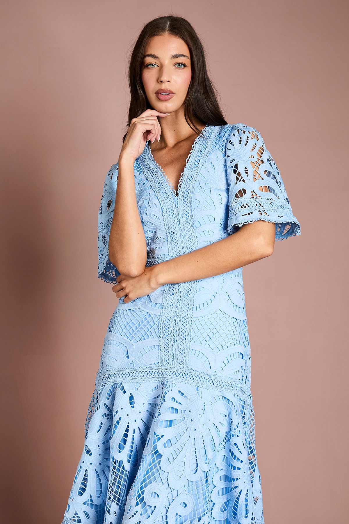 Coast Placement Lace Hanky Hem Dress Blue image 2