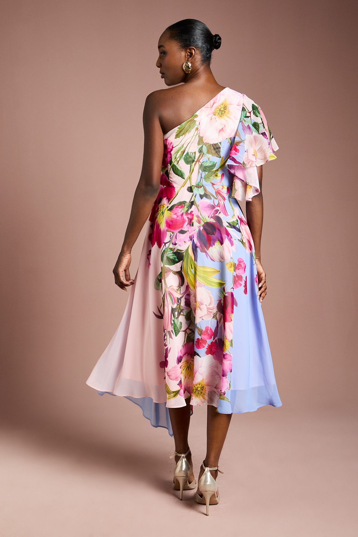 Coast One Shoulder Floral Printed Chiffon Dress Light Blue image 3