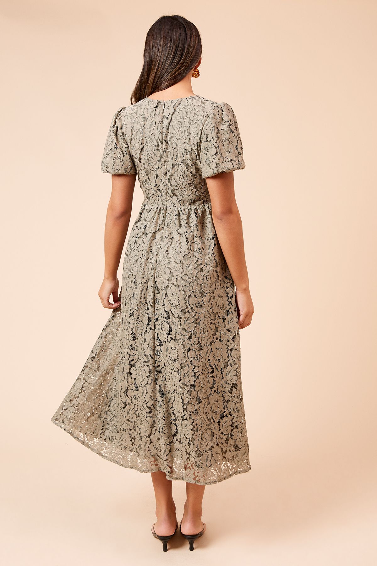 Dorothy Perkins Khaki Lace Ruched Front Midi Dress Khaki image 3