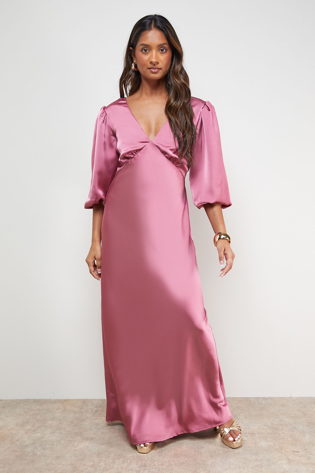 Oasis Satin V Neck Balloon Sleeve Bias Midi Dress Rose image 1