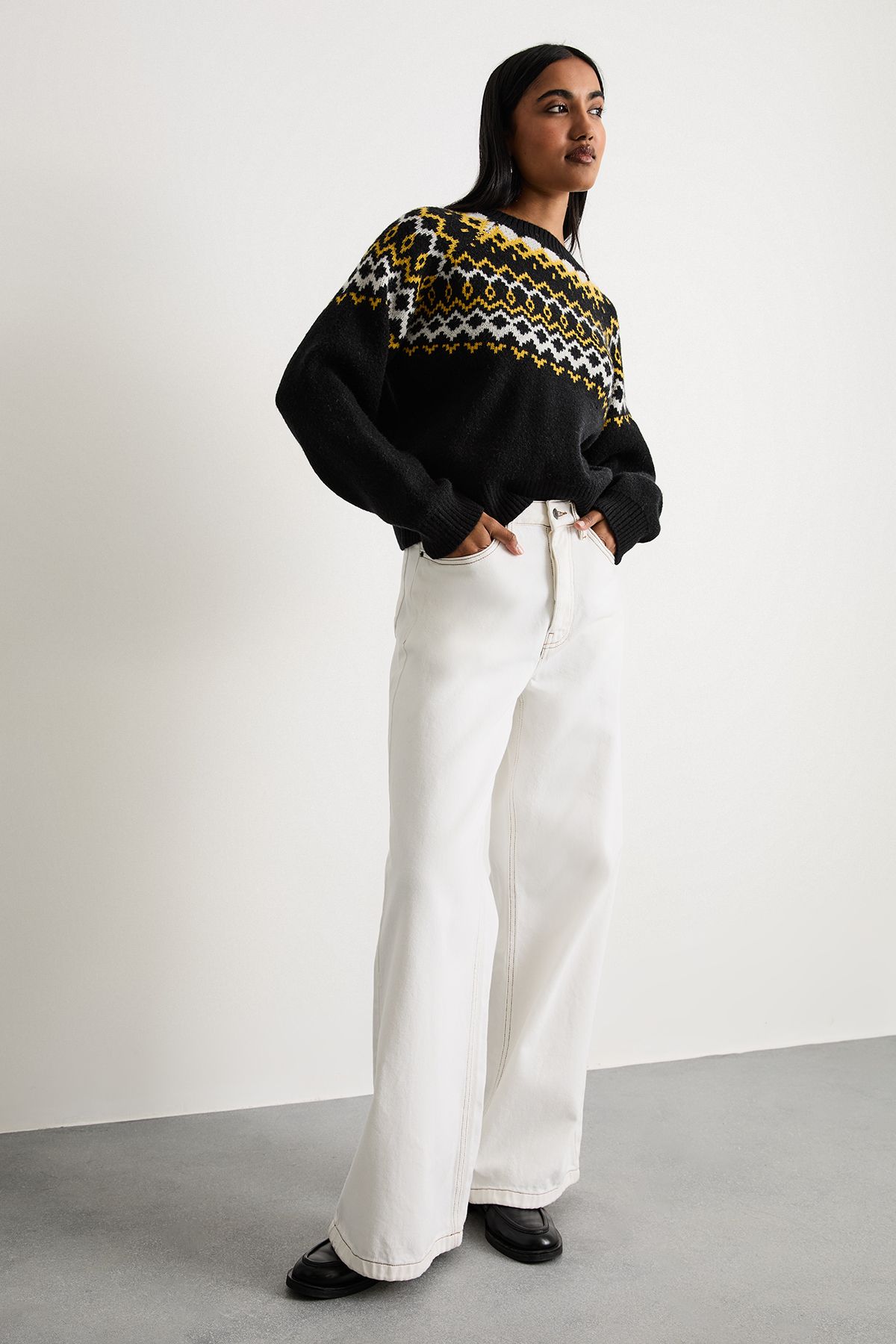 Warehouse Fairisle Knitted Yoke Detail Jumper Black image 2