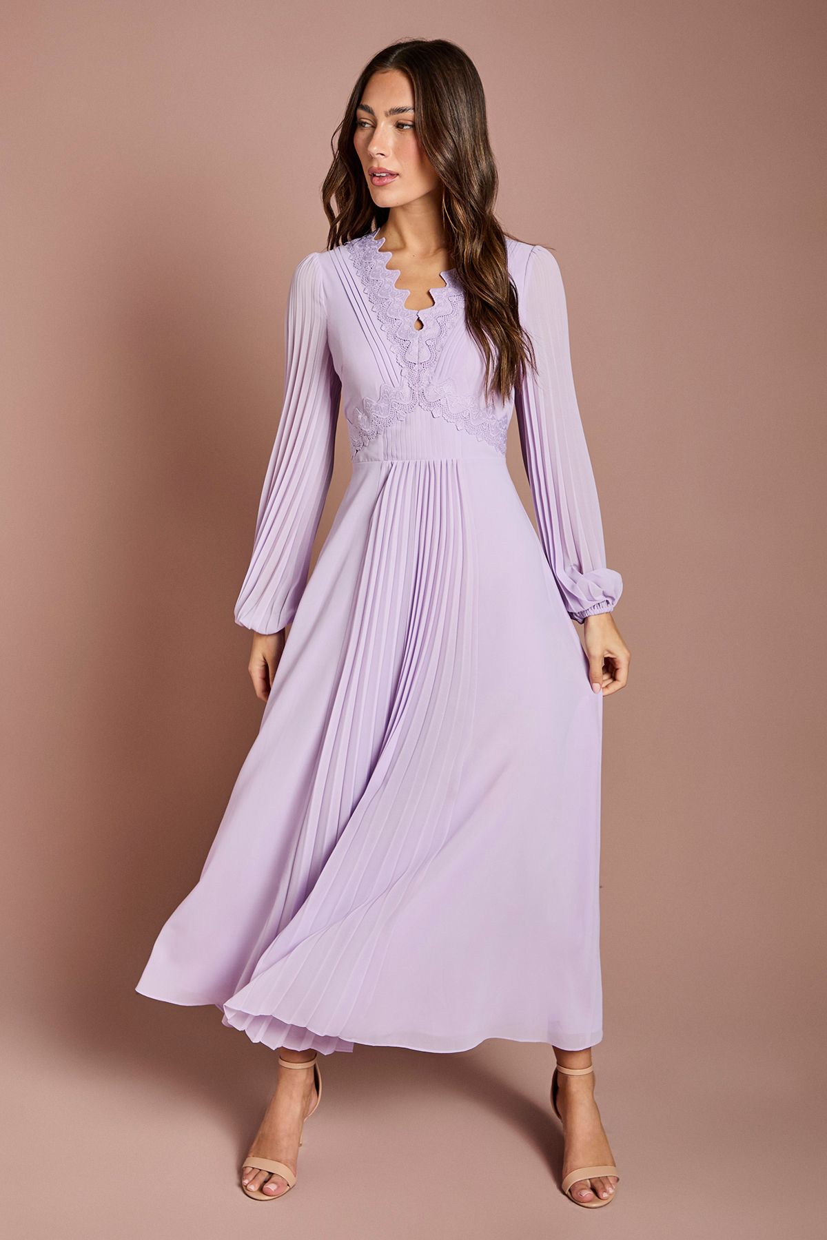 Coast Pleat Detail Lace Trim Maxi Dress Lilac image 1