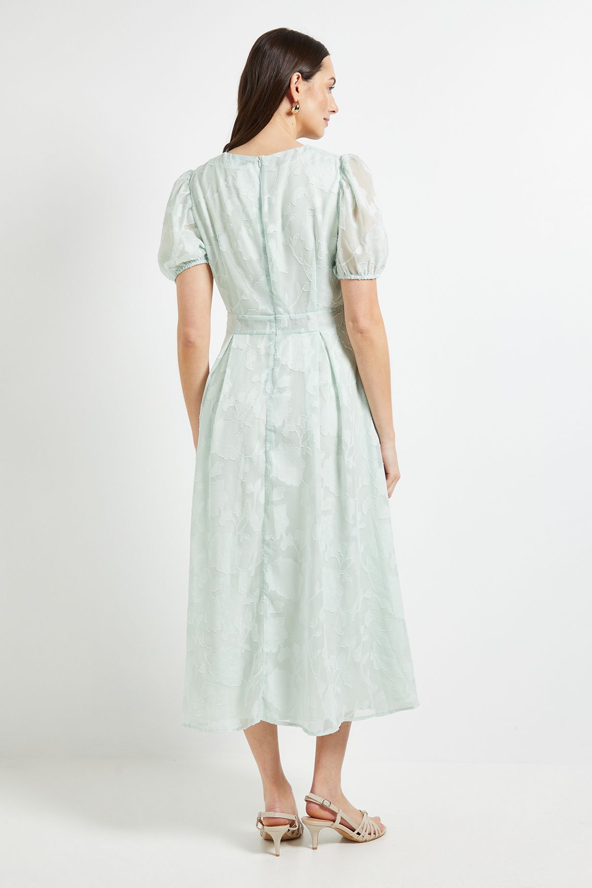 Principles Floral Jacquard Puff Sleeve Midi Dress Sage image 3