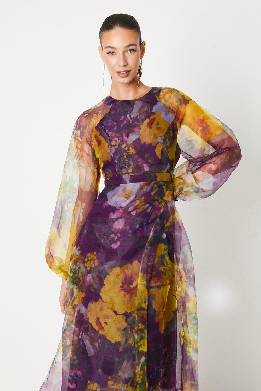 Coast Organza Wrap Waist Puff Sleeve Midi Dress Purple image 4