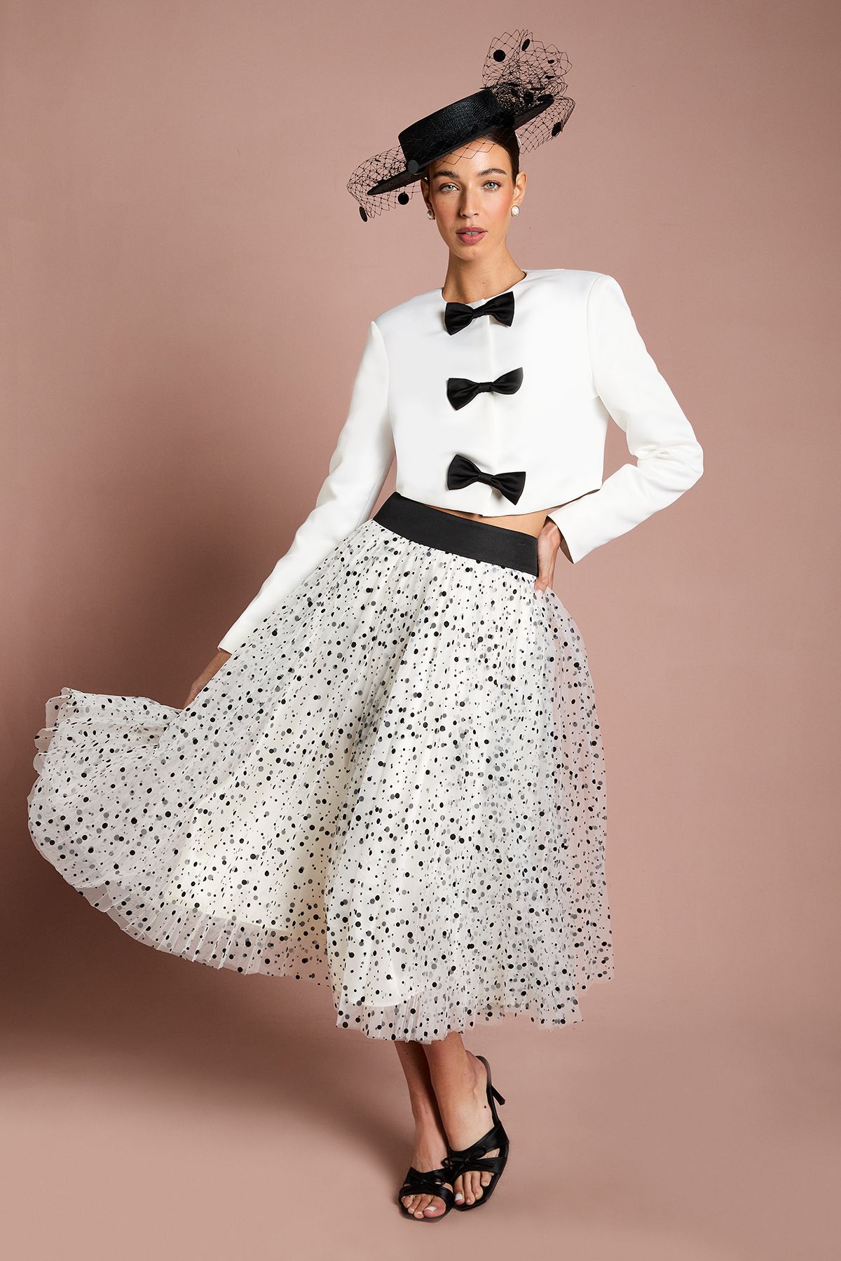 Coast Lisa Tan Pleated Polka Dot Mesh Midi Skirt Mono