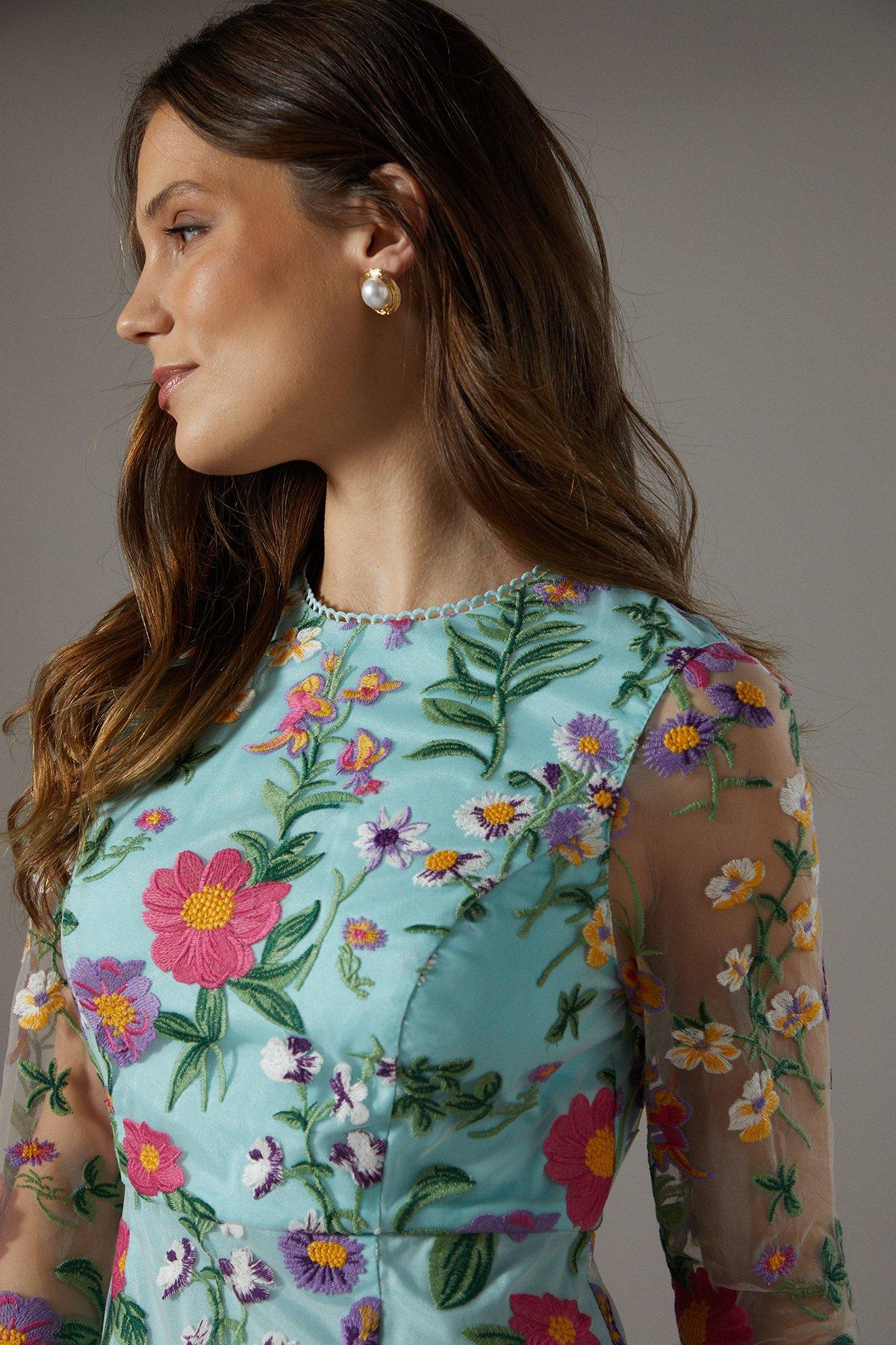 knee length dresses for ladies Vintage Flower Embroidered Mesh Patchwork Dress, Green / M (Bust 90 cm)