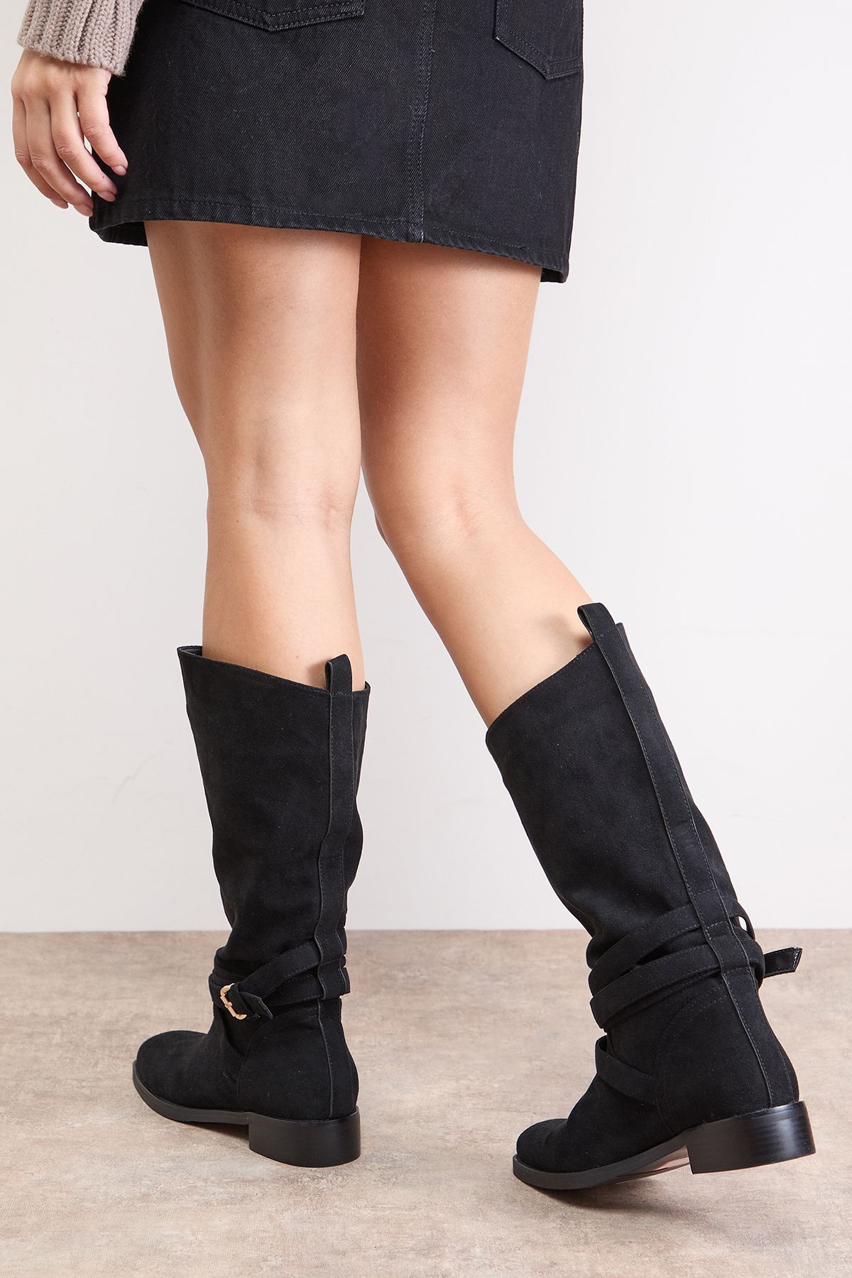 Oasis Ava Faux Suede Mid-Calf Buckle Boots Natural Black image 4