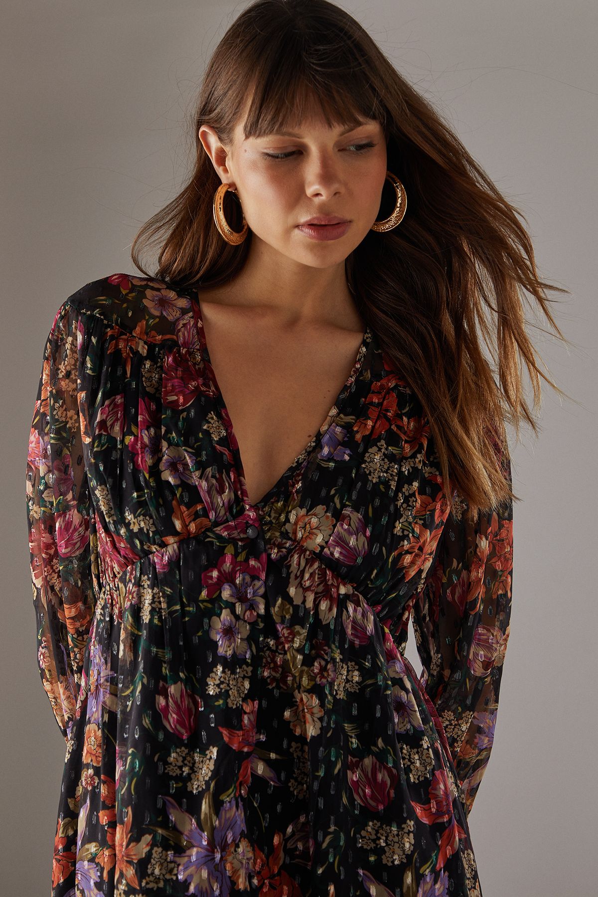 Warehouse Printed Metallic Chiffon Hanky Hem Midi Dress Floral image 4