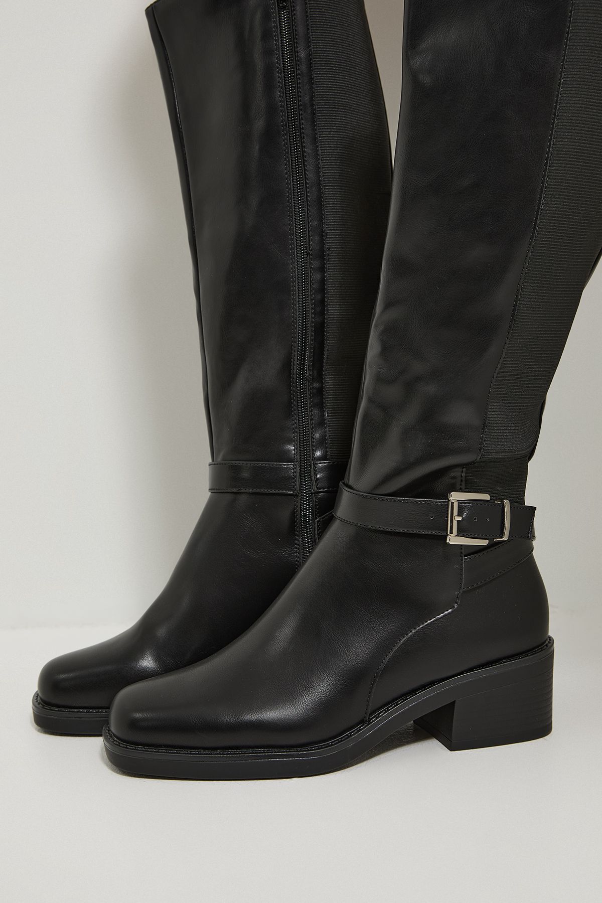 Dorothy Perkins Melanie Faux Leather Buckle Detail Chunky Medium Block Heel Knee Boots Black image 4
