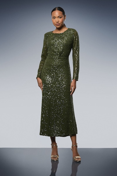 Principles Sequin Gathered Bodice Midaxi Dress Olive