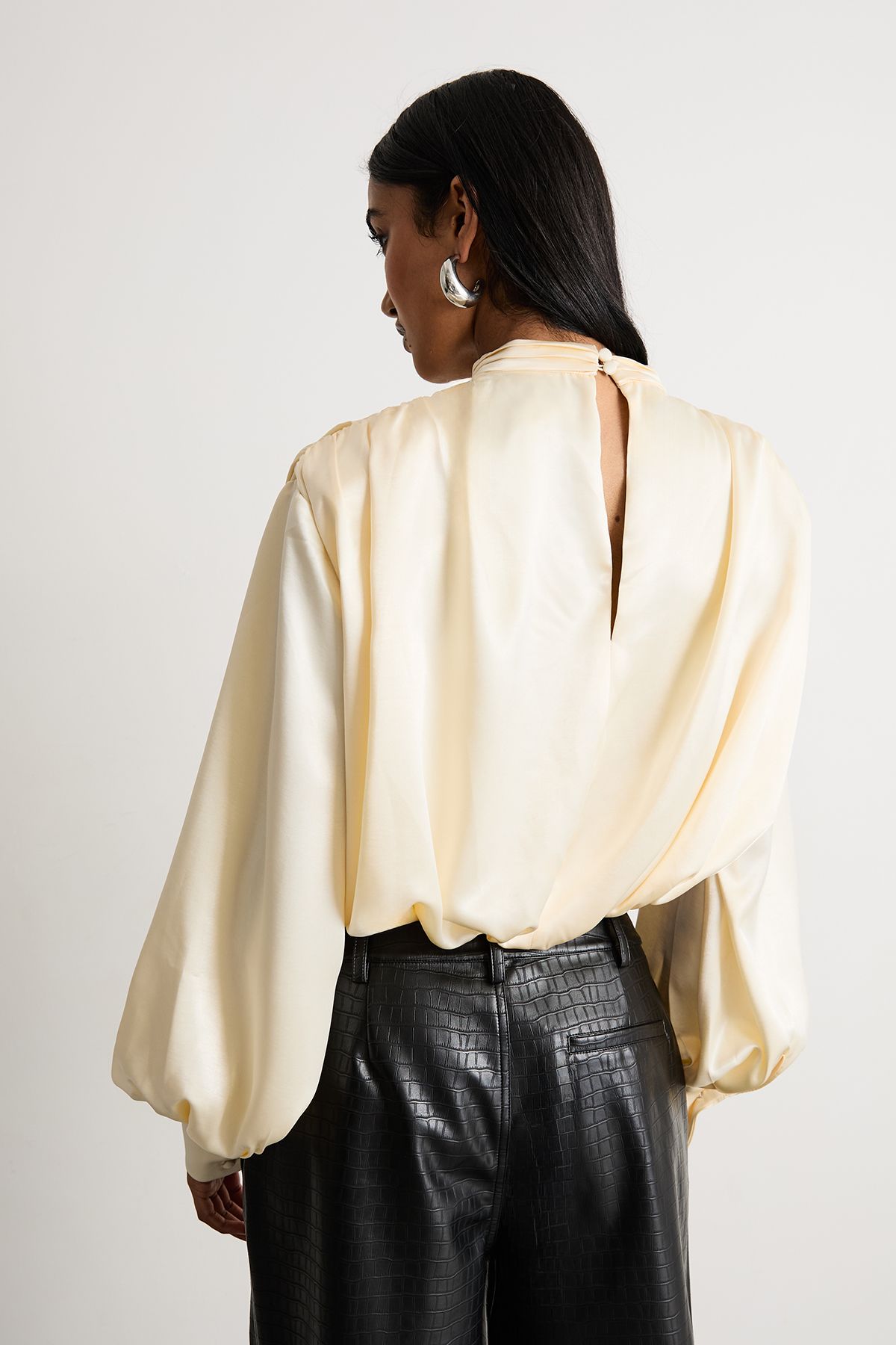 Warehouse Extreme Shoulder Draped Satin Blouse Cream image 3