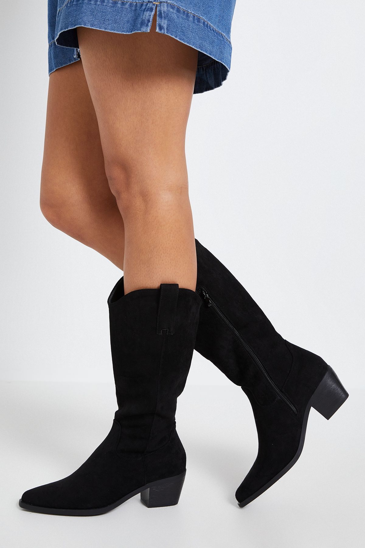 Dorothy Perkins Maya Faux Suede Western Calf Boots Natural Black