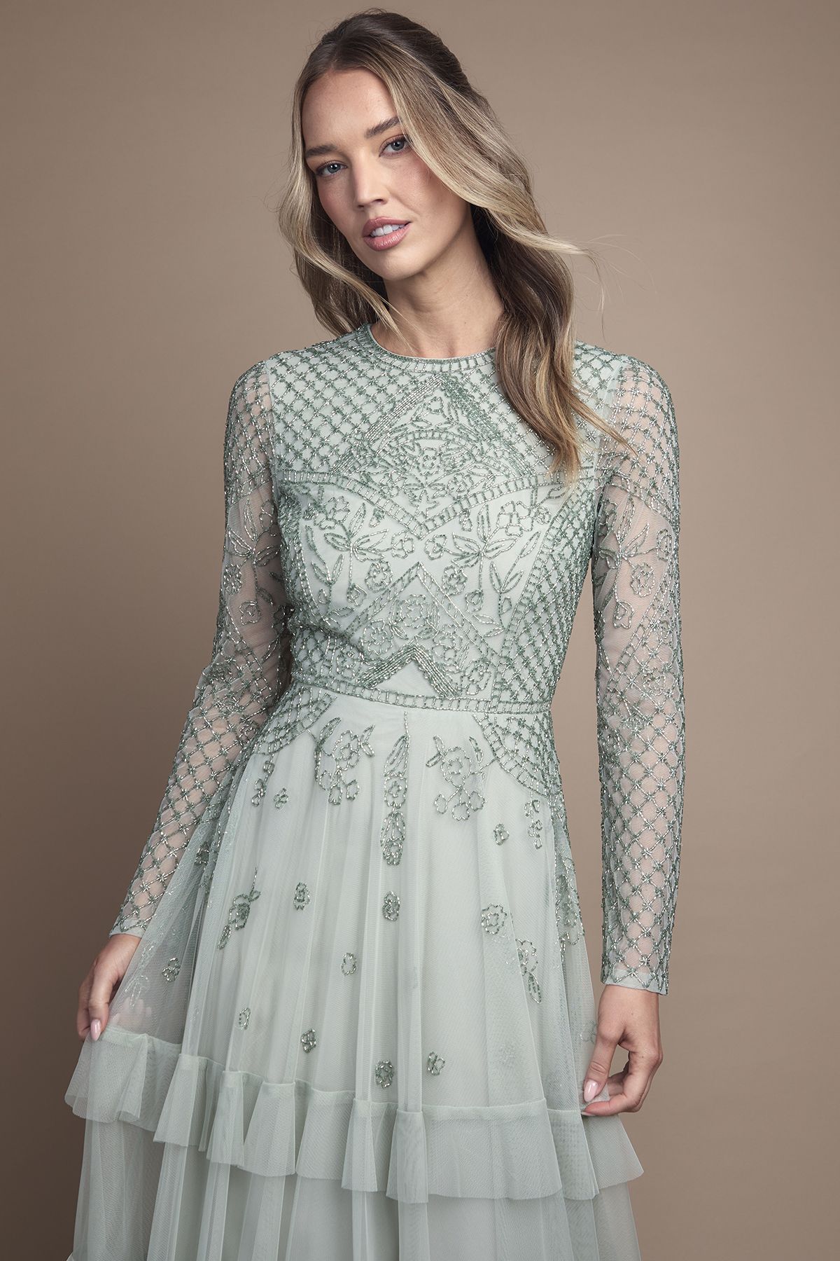 Coast Embellished Artwork Long Sleeve Tiered Bridesmaid Maxi Dress Sage image 2