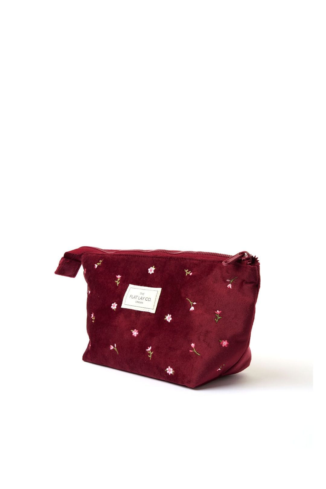 The Flat Lay Co Essential Makeup Pouch - Ditsy Roses & Flowers Burgundy Embroidered Velvet Multi image 3